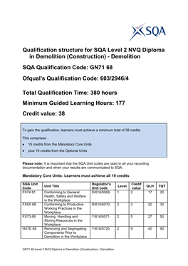 Qualification Structure for SQA Level 2NVQ Diploma Indemolition (Construction) - Demolition