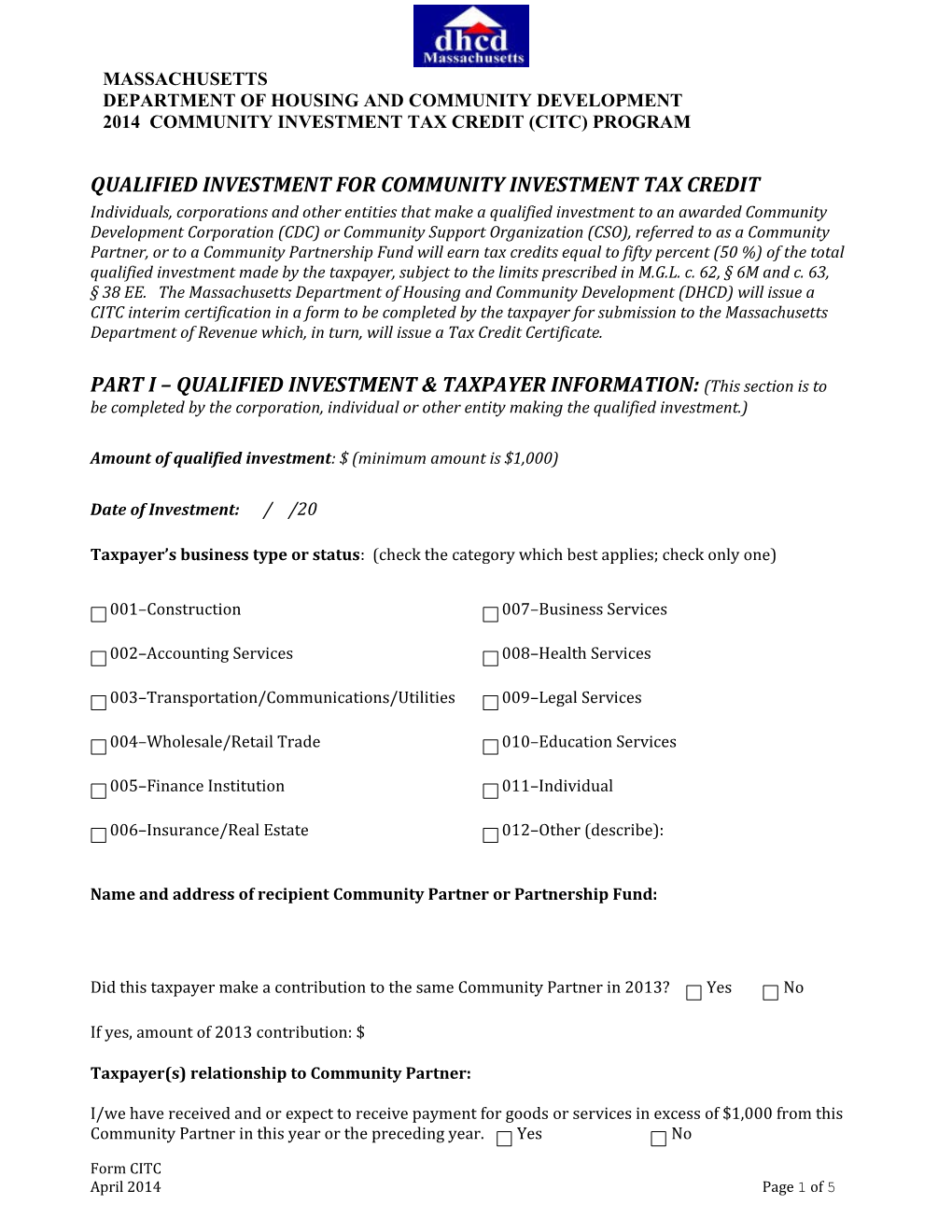 Qualified Investment for Community Investment Tax Credit