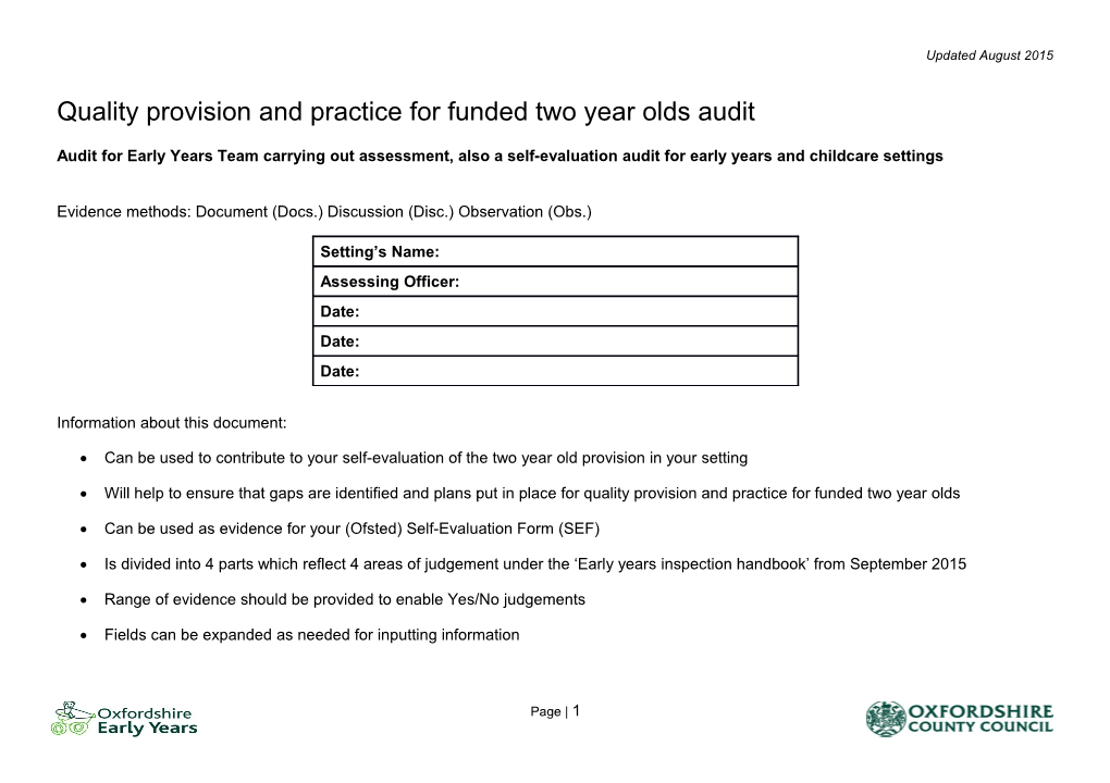Quality Provision and Practice for Funded Two Year Olds Audit