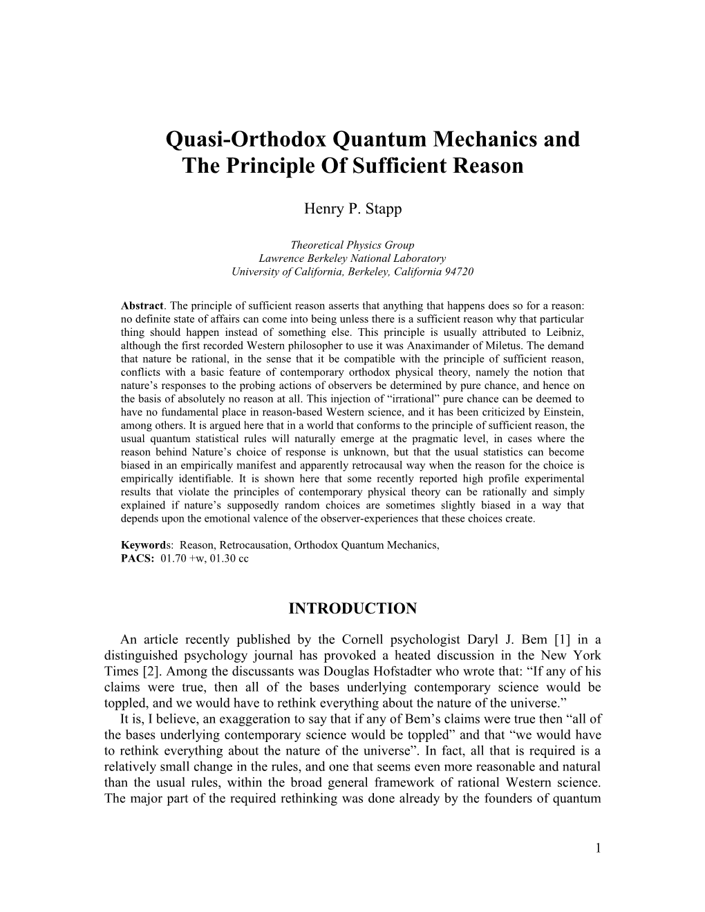 Quasi-Orthodoxquantum Mechanics and the Principle of Sufficient Reason