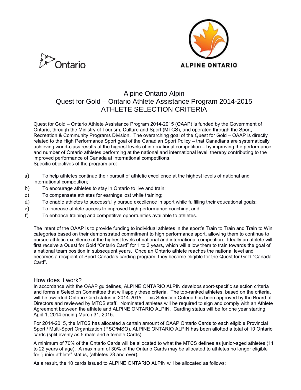 Quest for Gold Ontario Athlete Assistance Program 2014-2015