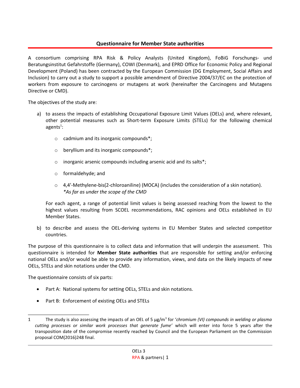 Questionnaire for Member State Authorities