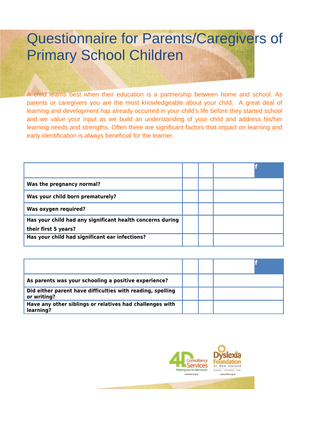 Questionnaire for Parents/Caregivers of Primary School Children
