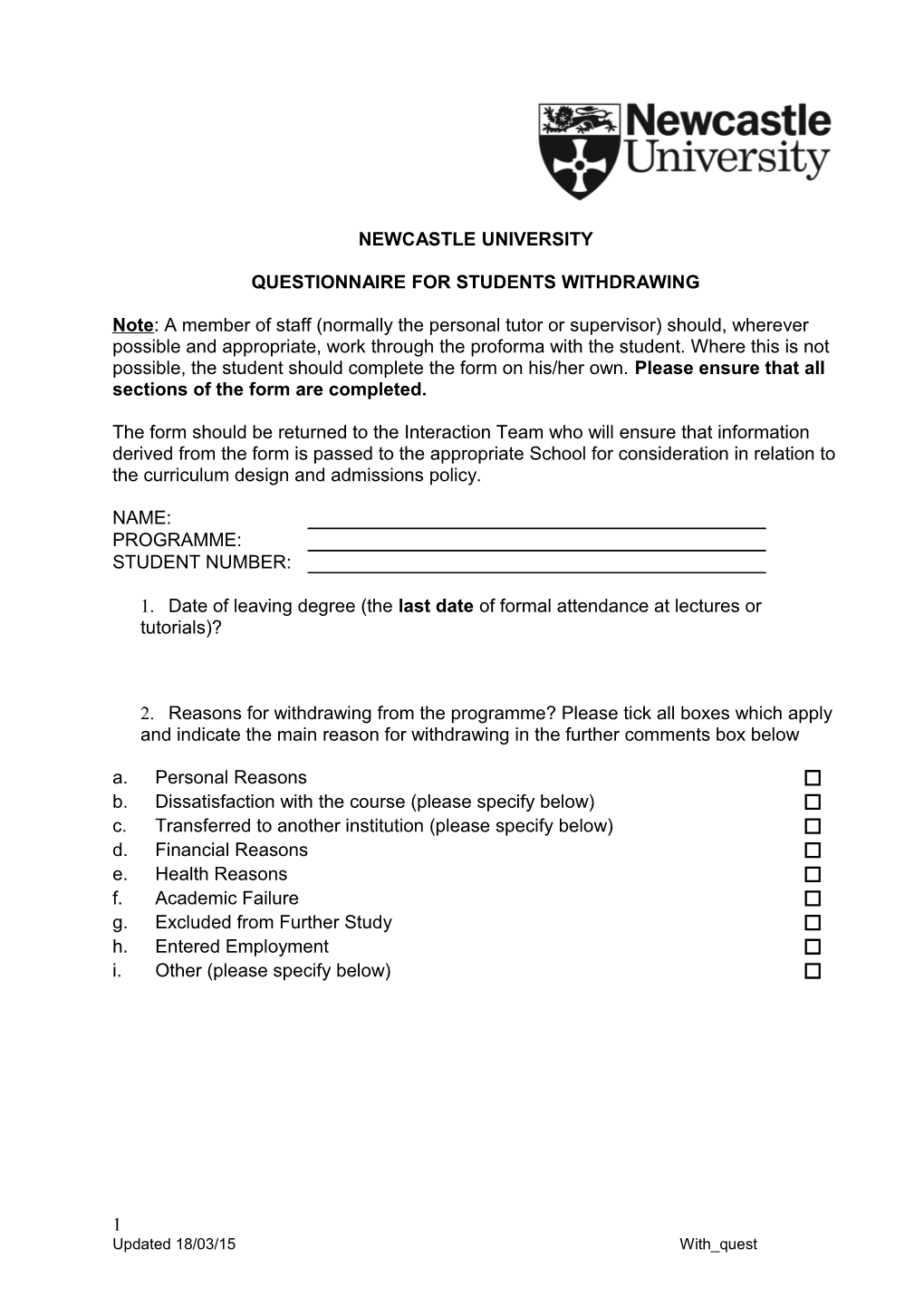 Questionnaire for Students Withdrawing