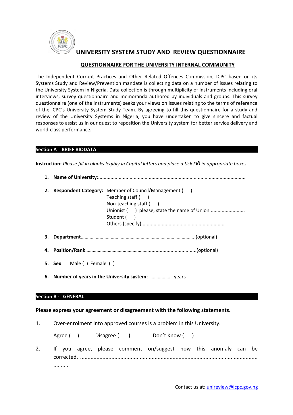 Questionnaire for the University Internal Community