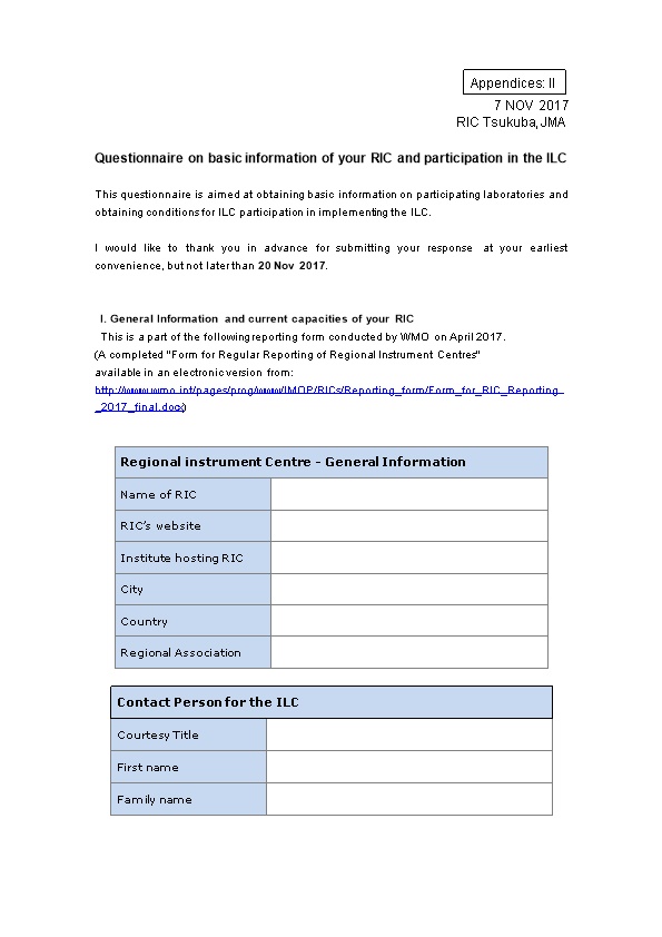 Questionnaire on Basic Information of Your RIC and Participation in the ILC