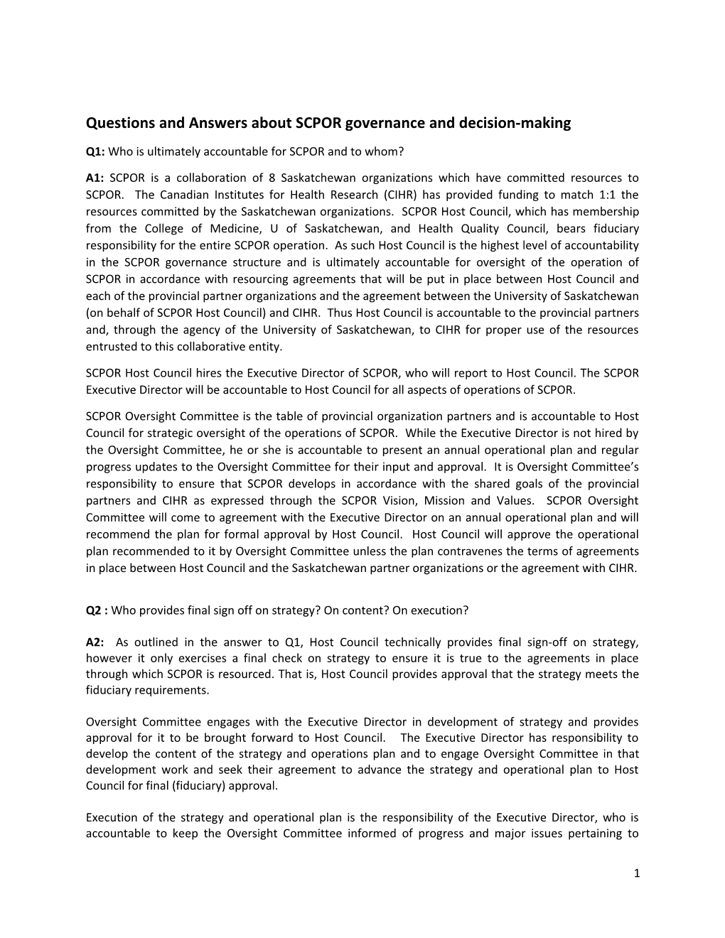 Questions and Answers About SCPOR Governance and Decision-Making
