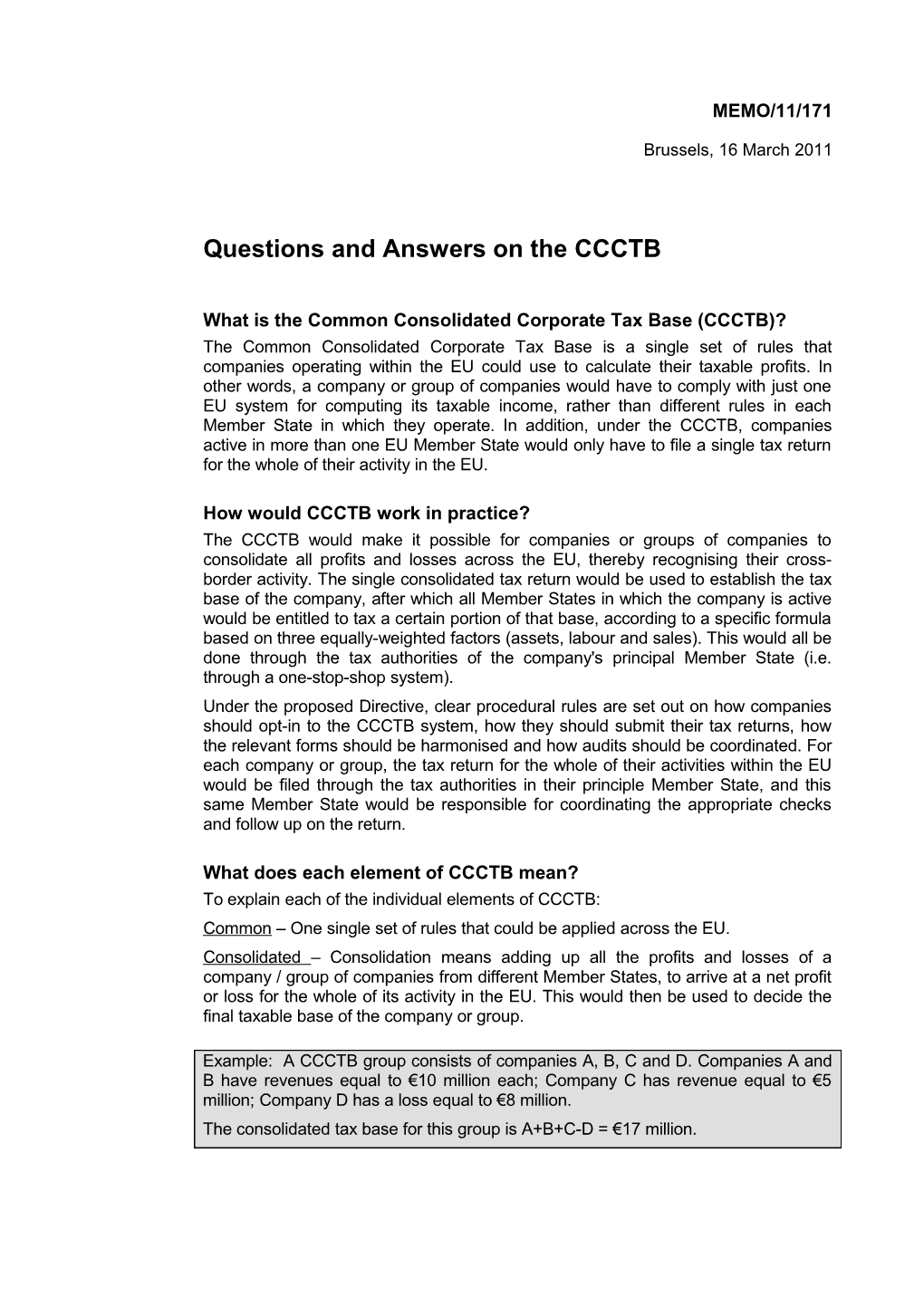 Questions and Answers on the CCCTB