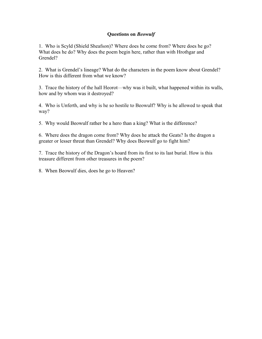 Questions on Beowulf