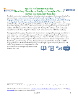 Quick Reference Guide: Reading Closely to Analyze Complex Texts in the Elementary Grades