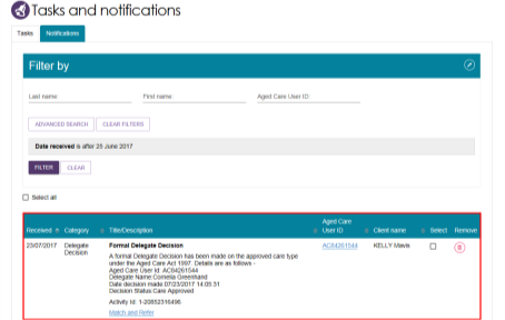 screenshot of how a formal delegate decision is displayed on the Tasks and Notification screen
