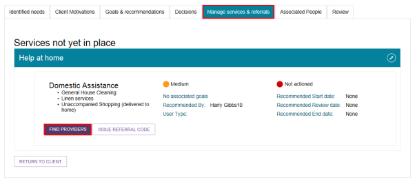 screenshot of location of Find Providers button on Manage services and referrals tab
