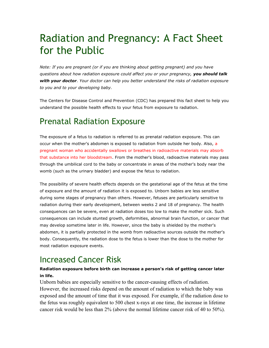 Radiation and Pregnancy: a Fact Sheet for the Public