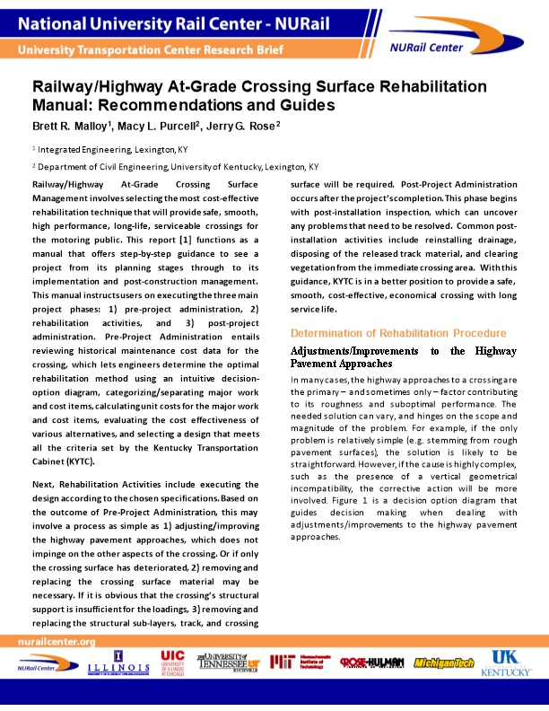 Railway/Highway At-Grade Crossing Surface Rehabilitation Manual: Recommendations and Guides