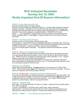 RCS Volleyball Newsletter Oct 21, 2003