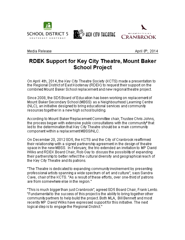 RDEK Support for Key City Theatre,Mount Baker Schoolproject