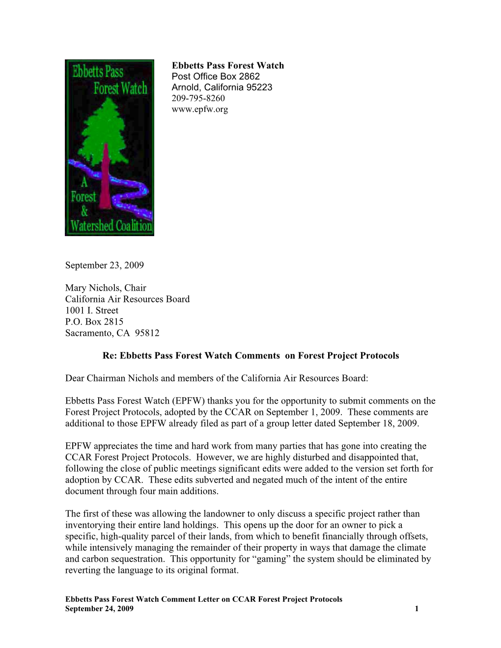 Re: Ebbetts Pass Forest Watchcomments on Forest Project Protocols