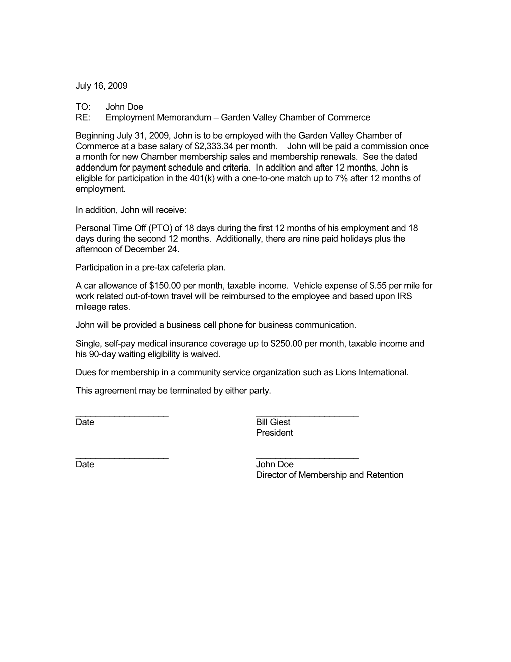 RE:Employment Memorandum Gardenvalley Chamber Ofcommerce