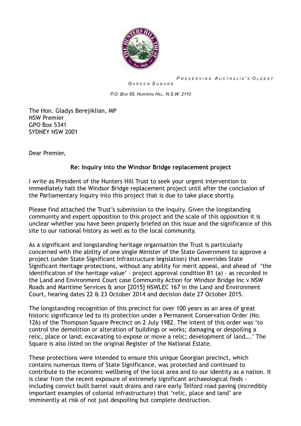 Re: Inquiry Into the Windsor Bridge Replacement Project