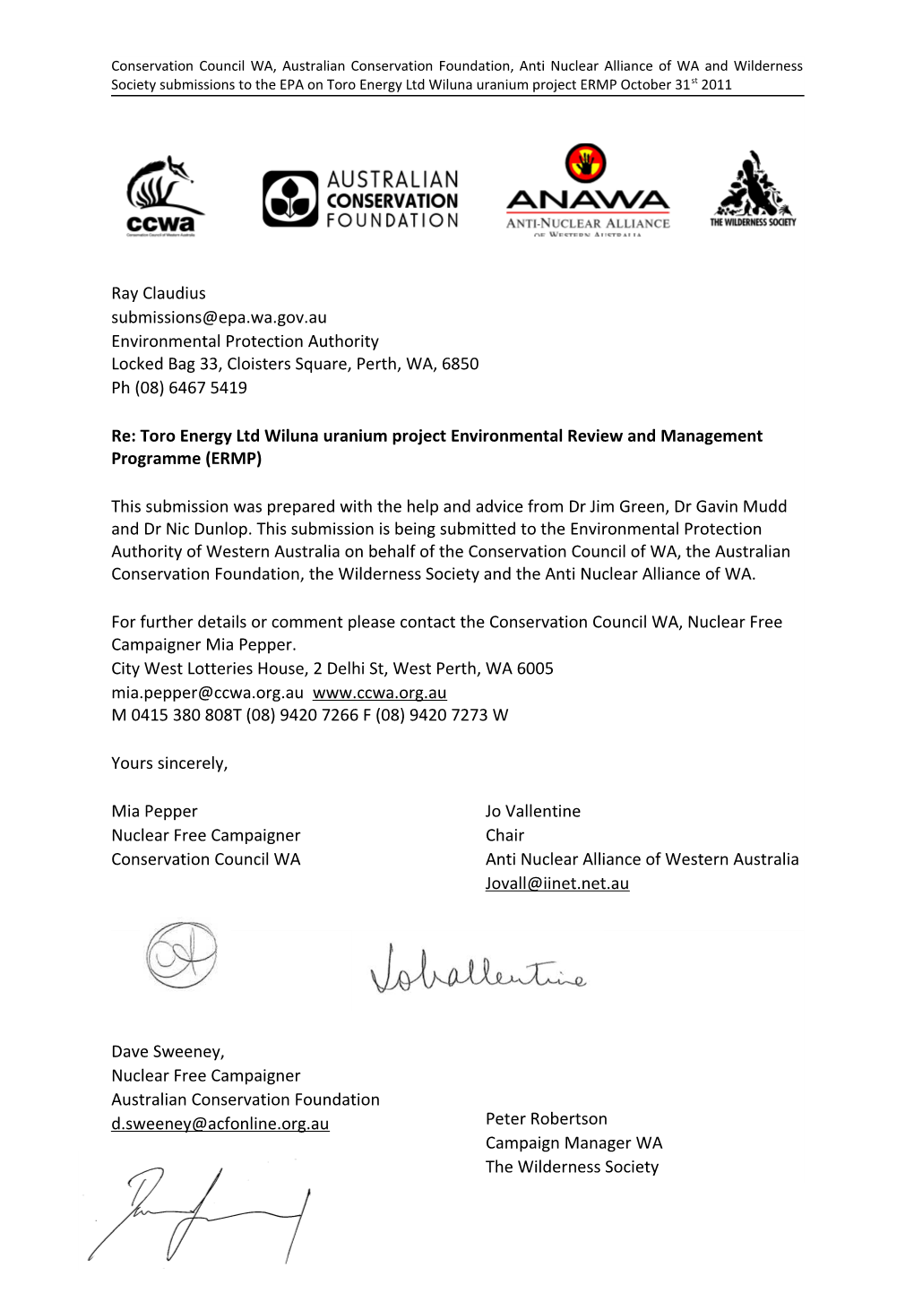 Re: Toro Energy Ltd Wiluna Uranium Project Environmental Review and Management Programme