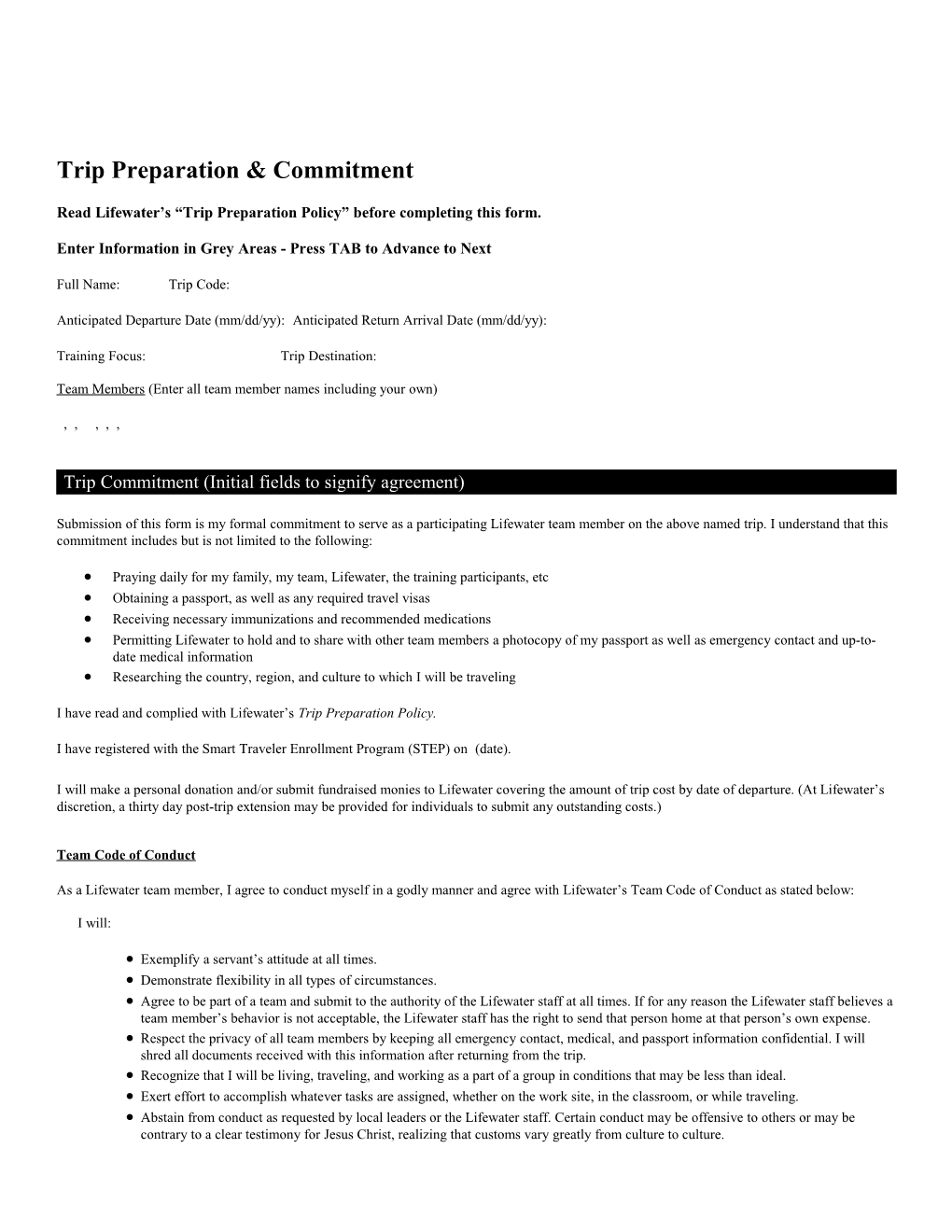 Read Lifewater S Trip Preparation Policy Before Completing This Form