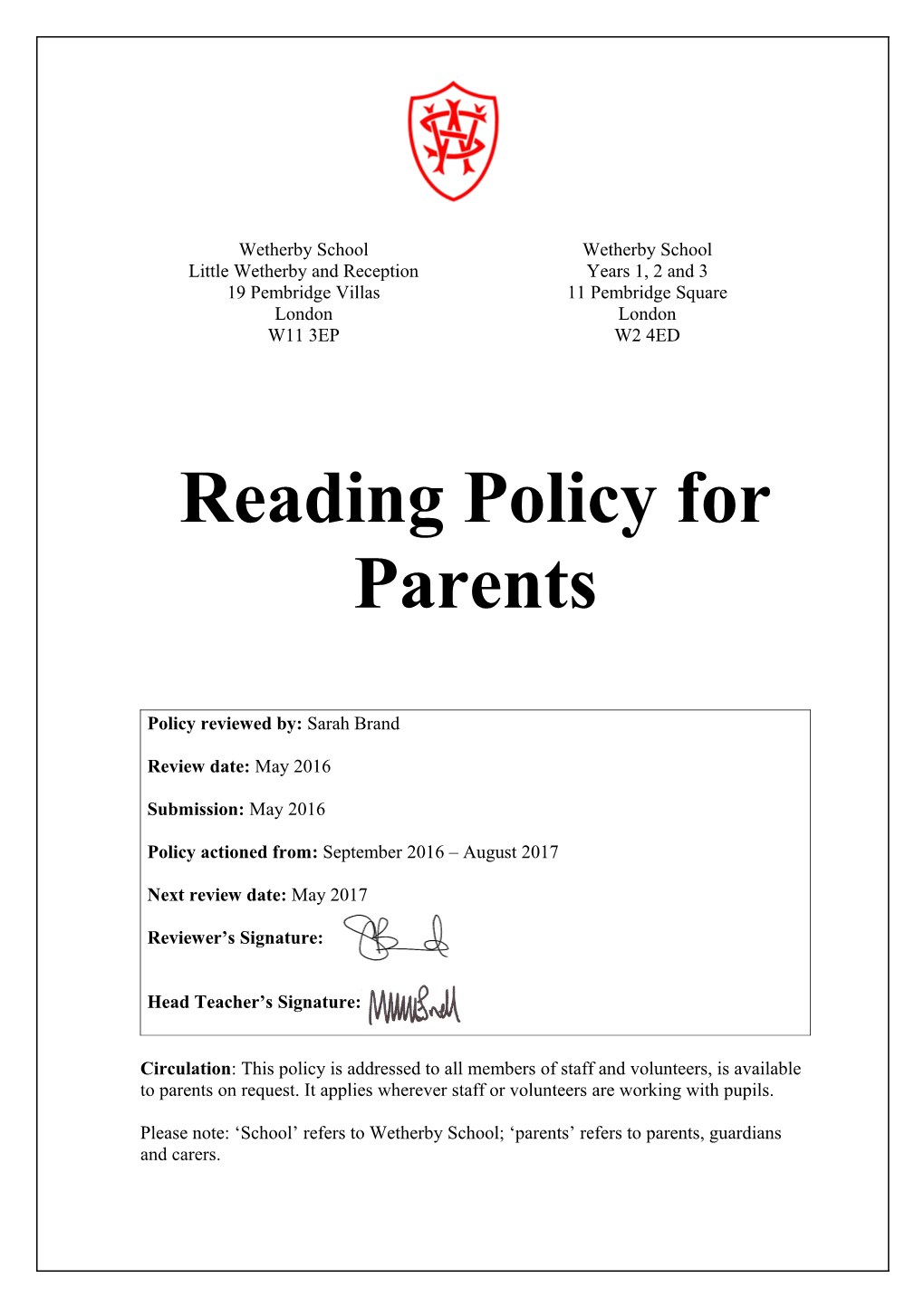 Reading Policy for Parents
