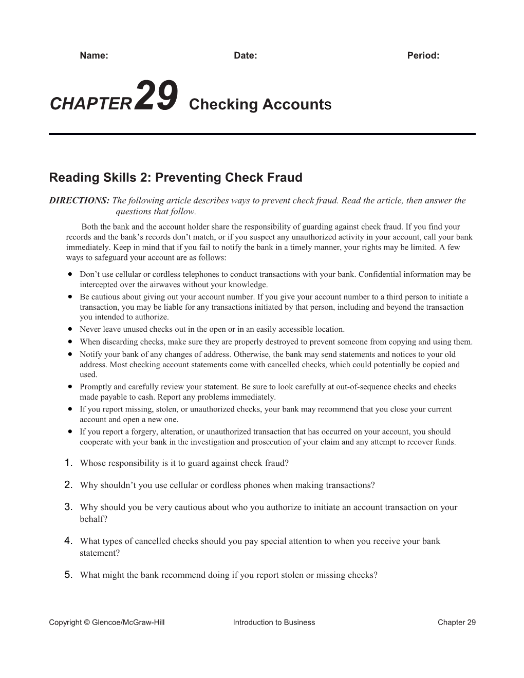 Reading Skills 2: Preventing Check Fraud