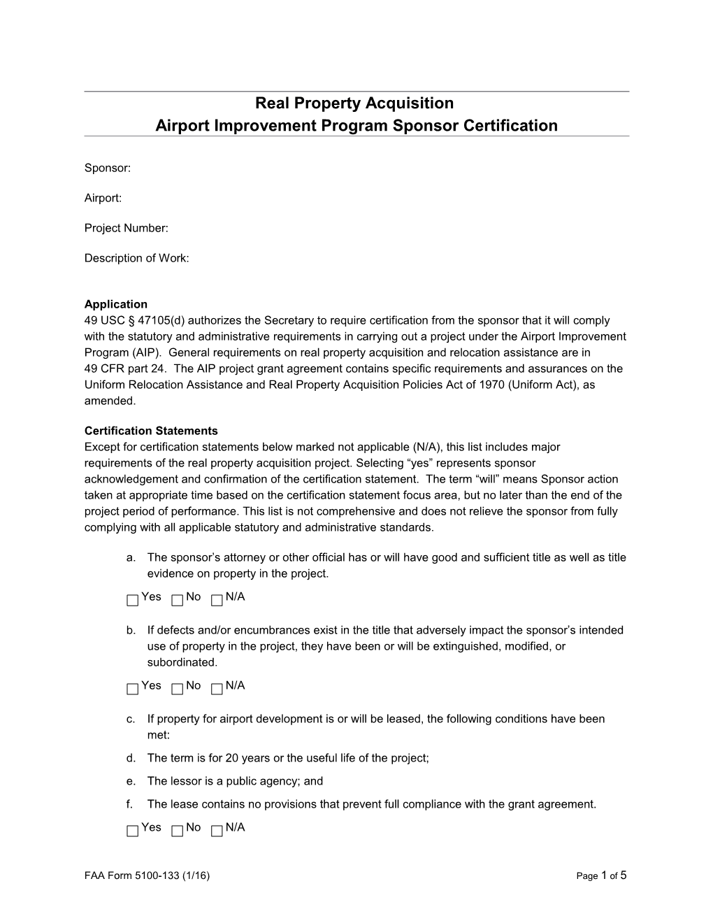 Real Property Acquisition Airport Improvement Programsponsor Certification