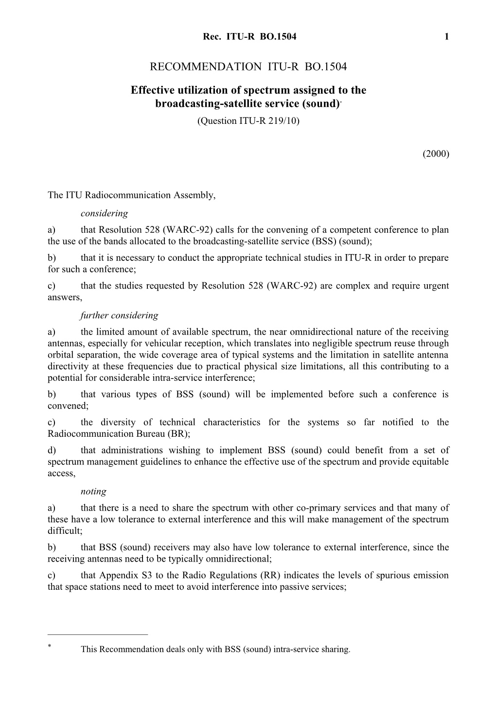 RECOMMENDATION ITU-R BO.1504 - Effective Utilization of Spectrum Assigned to The