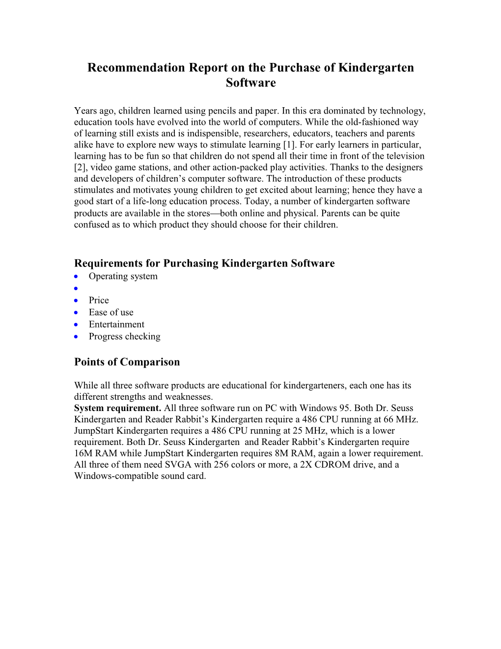 Recommendation Report: Kindergarten Software