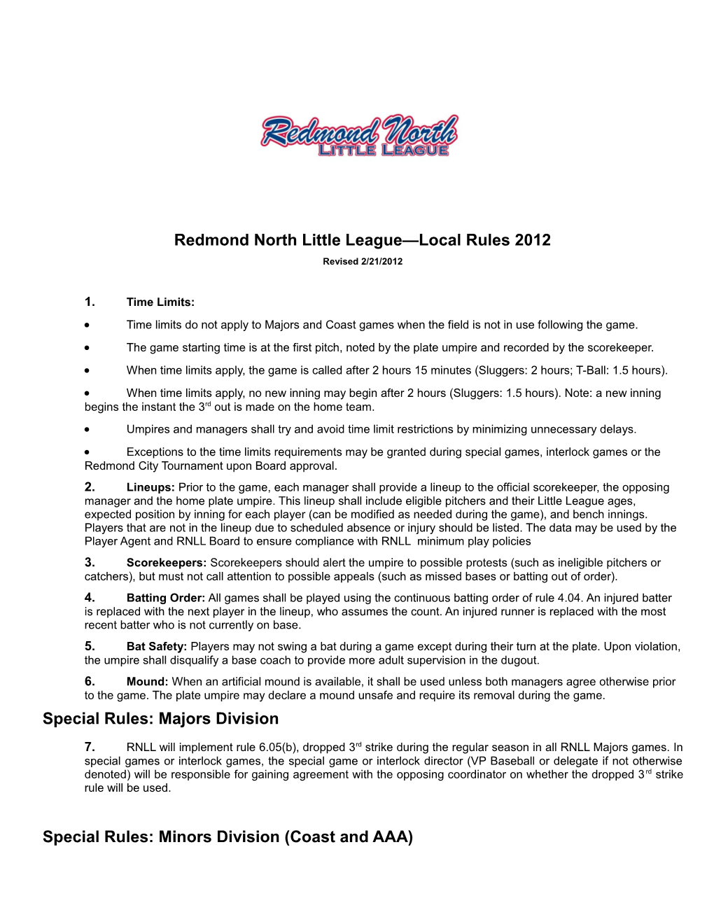 Redmond North Little League Local Rules 2012
