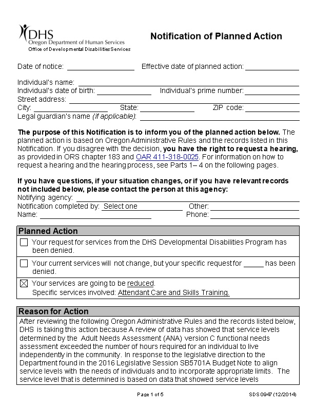 Reduction Notification of Planned Action Adult Template