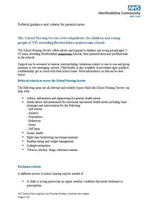 Referral Guidance and Criteria for Parents/Carers