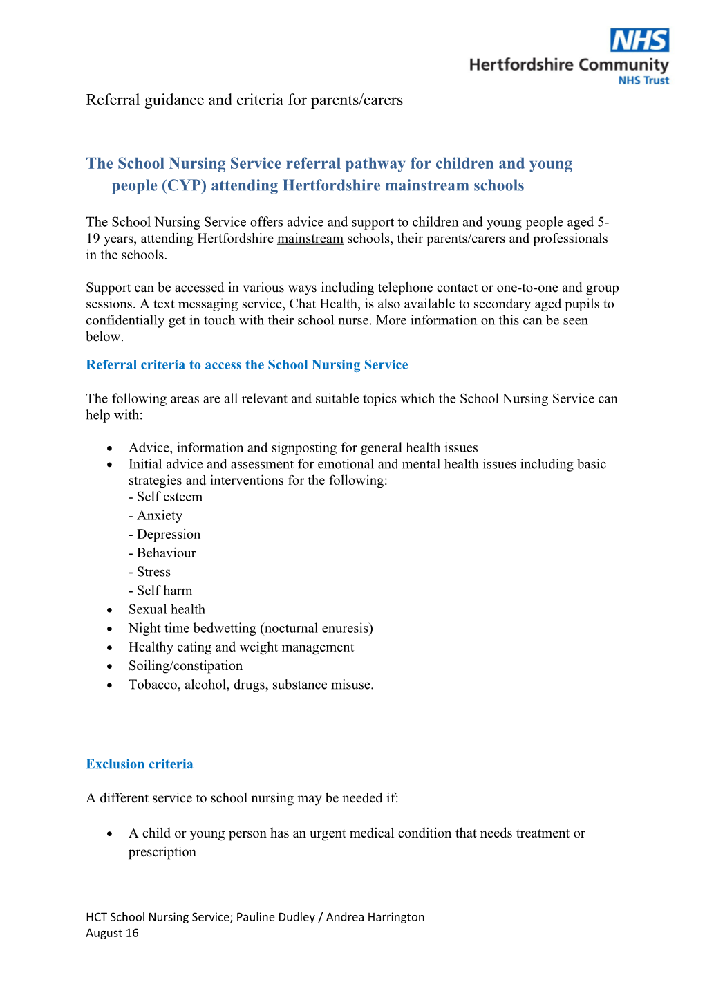 Referral Guidance and Criteria for Parents/Carers