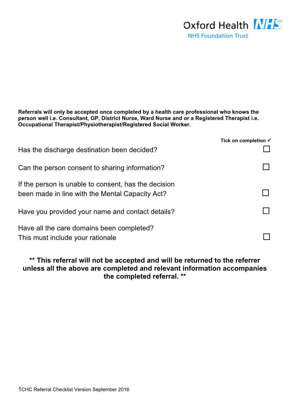 Referral Process for Continuing Health Care Needs Assessment
