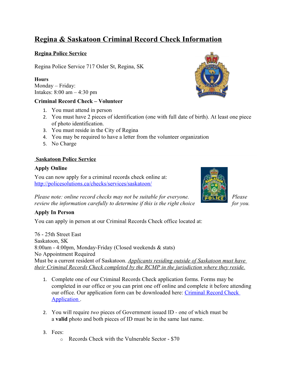 Regina & Saskatoon Criminal Record Check Information