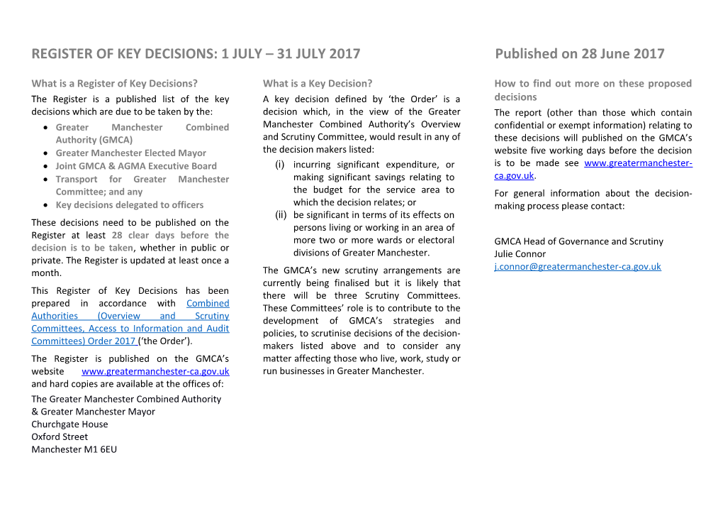 REGISTER of KEY DECISIONS: 1 JULY 31 July2017published on 28 June 2017