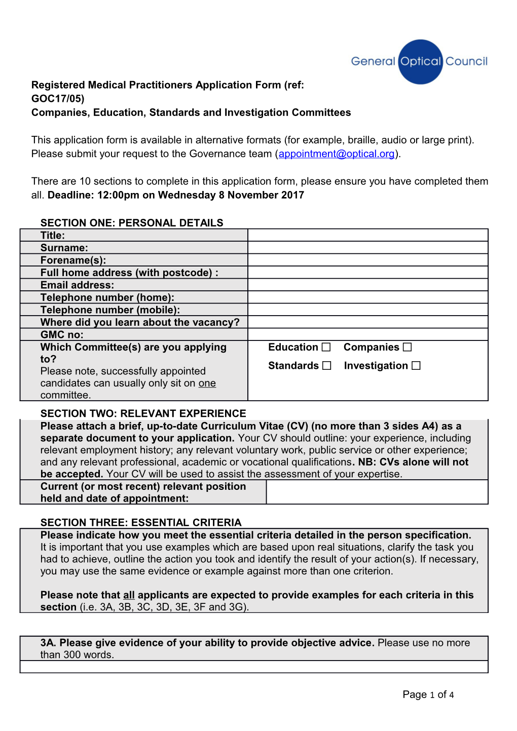 Registered Medical Practitionersapplication Form (Ref: GOC17/05)