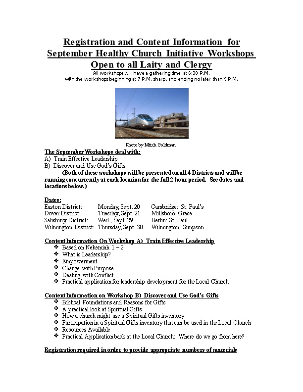 Registration and Content Information for September Healthy Church Initiative Workshops