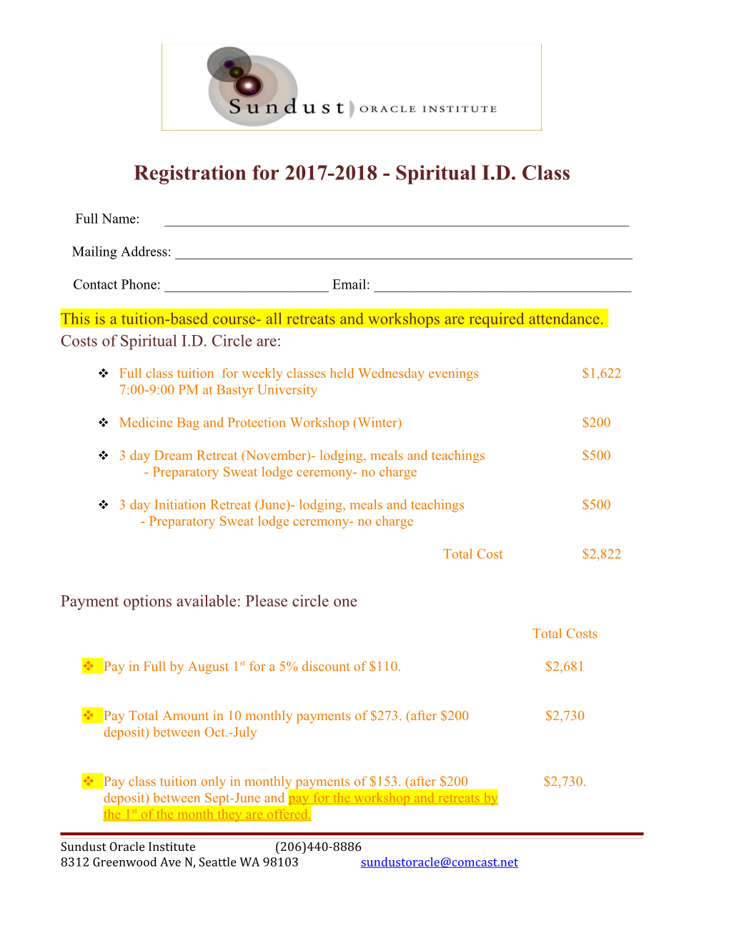 Registration for 2017-2018 - Spiritual I.D. Class