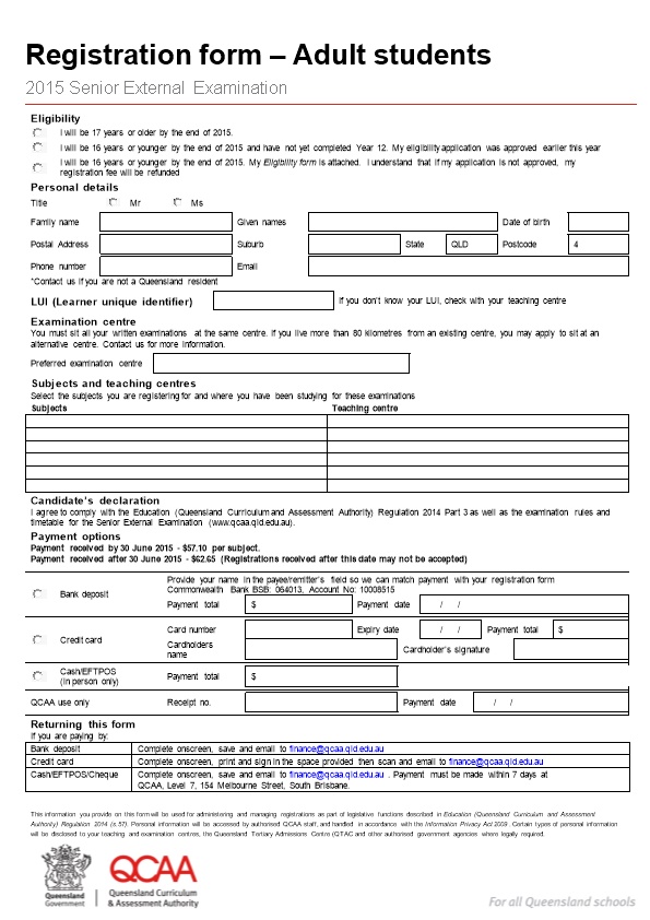 Registration Form: Adult Students -2015 Senier External Examination