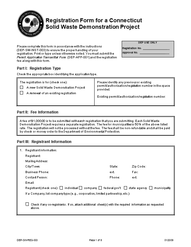 Registration Form for a Connecticut Solid Waste Demonstration Project