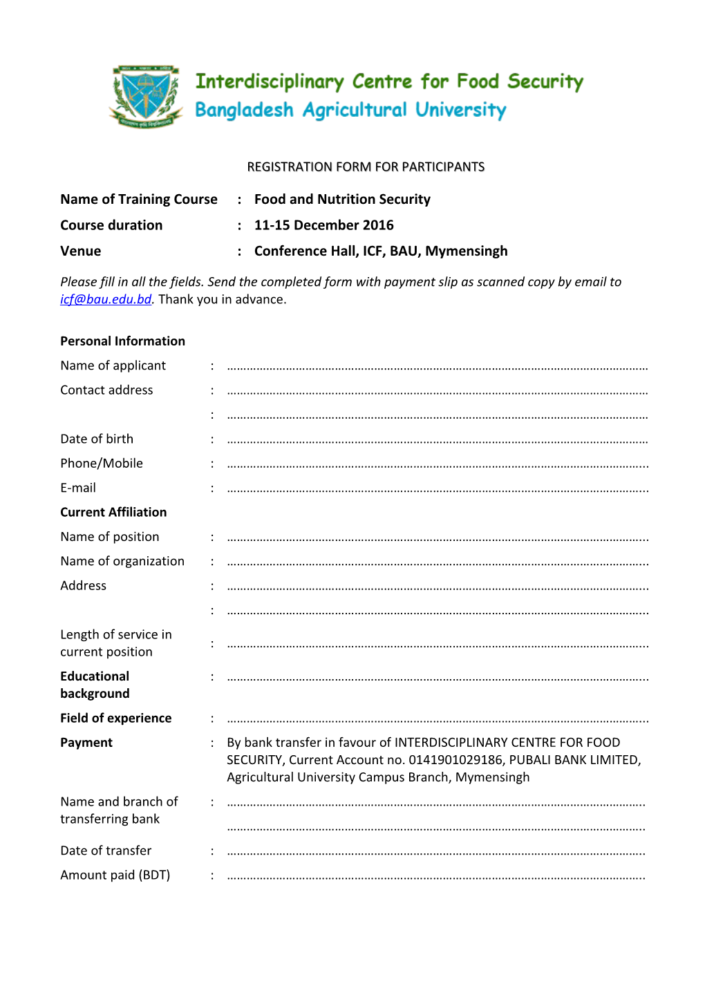 Registration Form for Participants