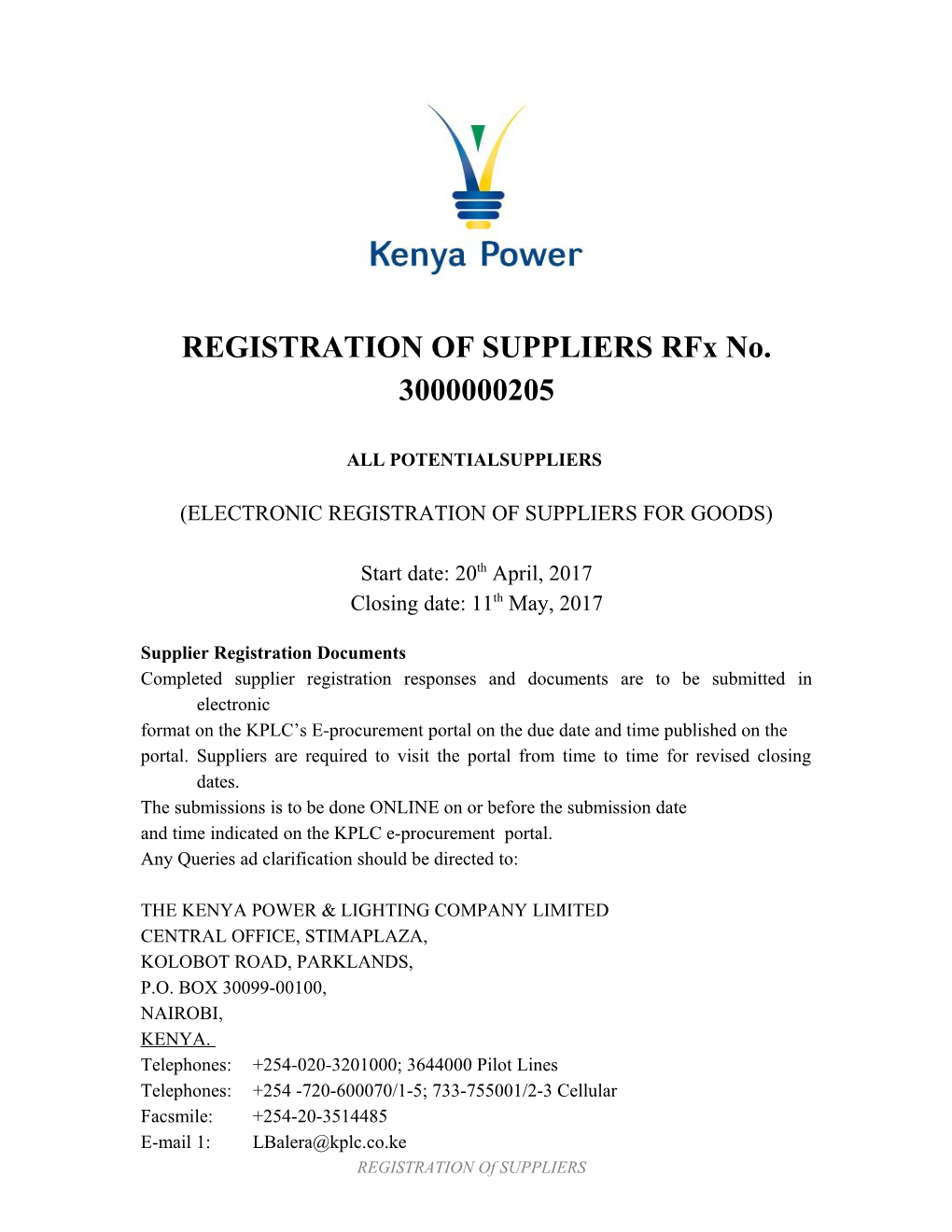 REGISTRATION of SUPPLIERS Rfx No. 3000000205