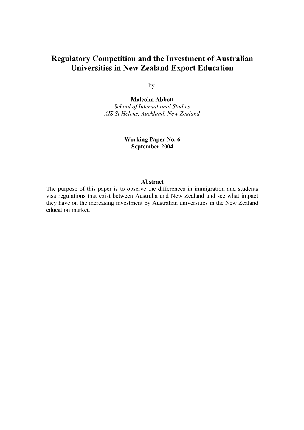 Regulatory Competition and the Investment of Australian Universities in New Zealand Export