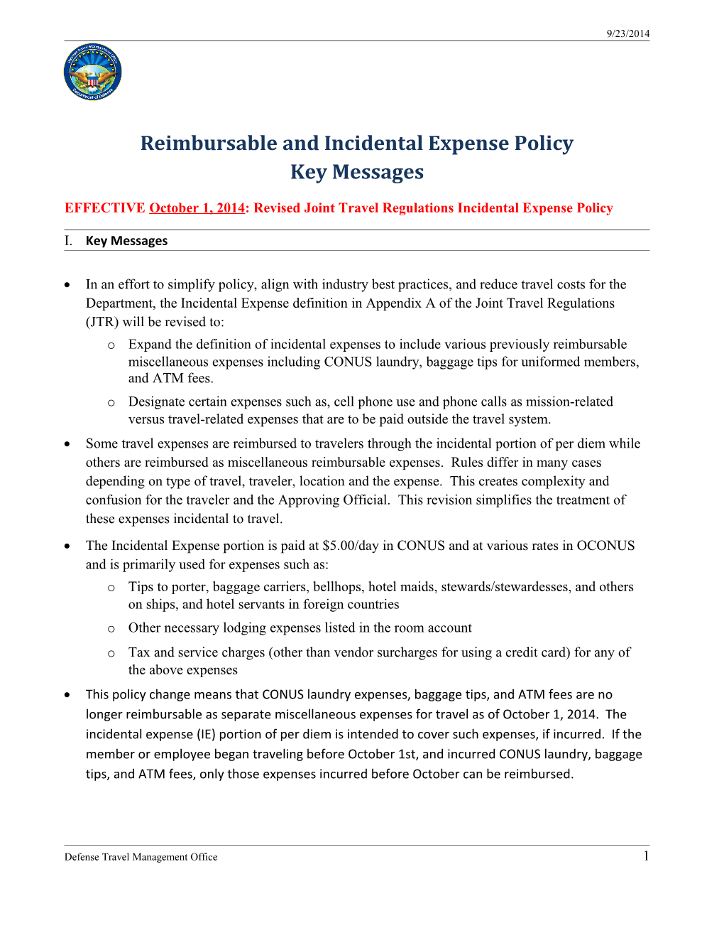 Reimbursable and Incidental Expenses9/23/2014