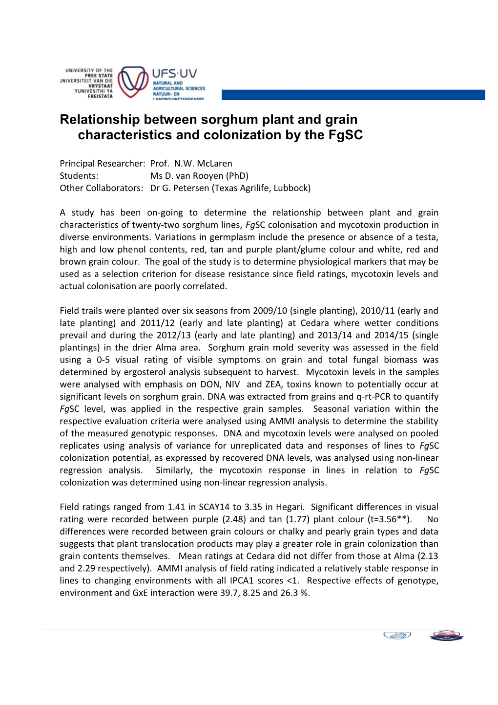Relationship Between Sorghum Plant and Grain Characteristics and Colonization by the Fgsc