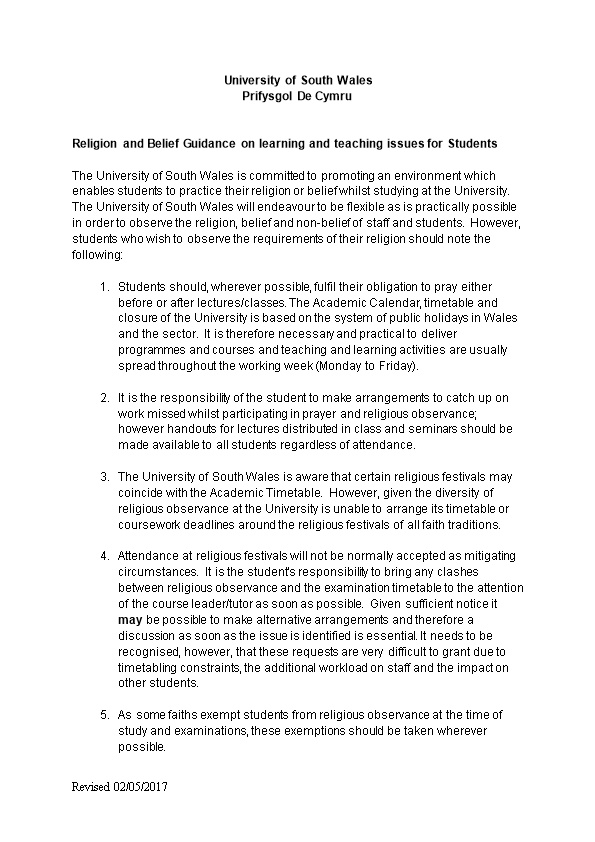 Religion and Belief Guidance on Learning and Teaching Issues for Students