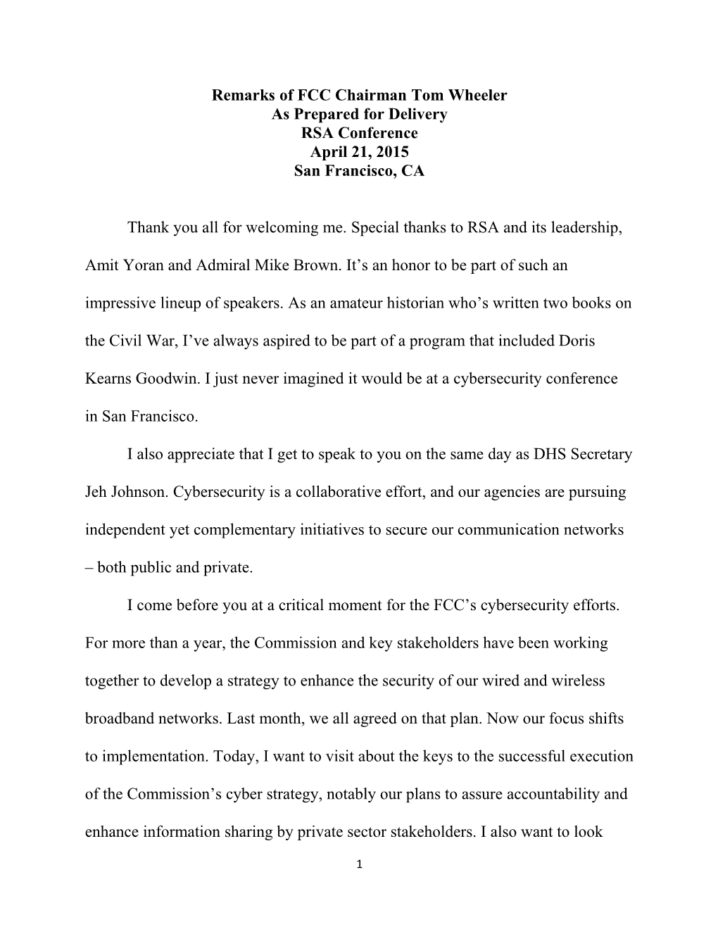 Remarks of FCC Chairman Tom Wheeler