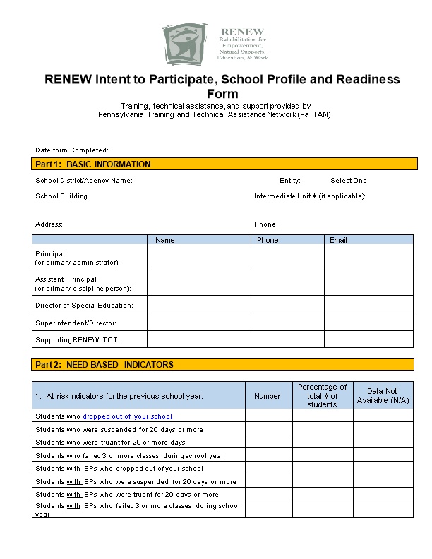 RENEW Intent to Participate, School Profile and Readiness Form